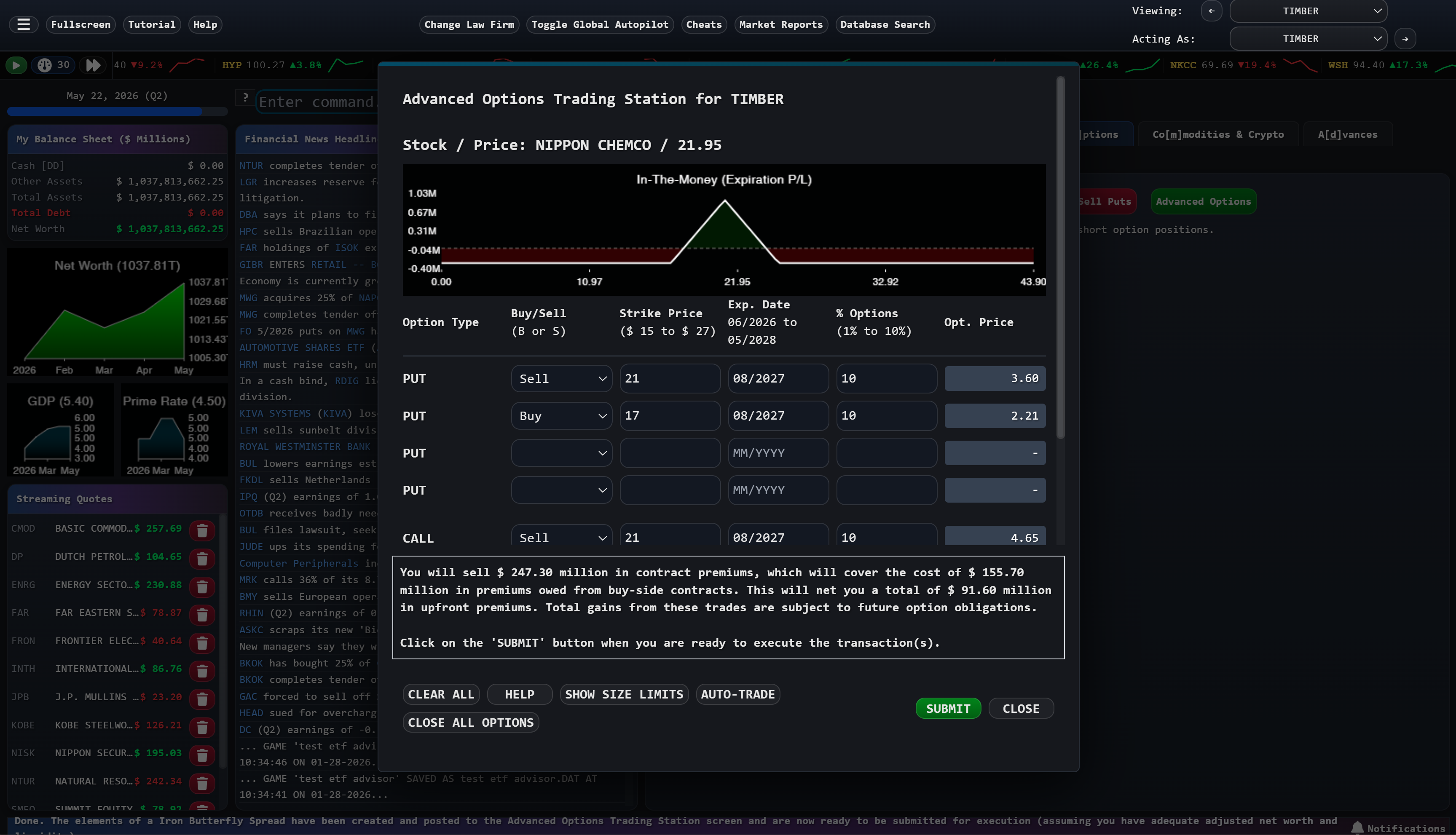 Advanced Options Trading Station with puts, calls, and in-the-money probability chart