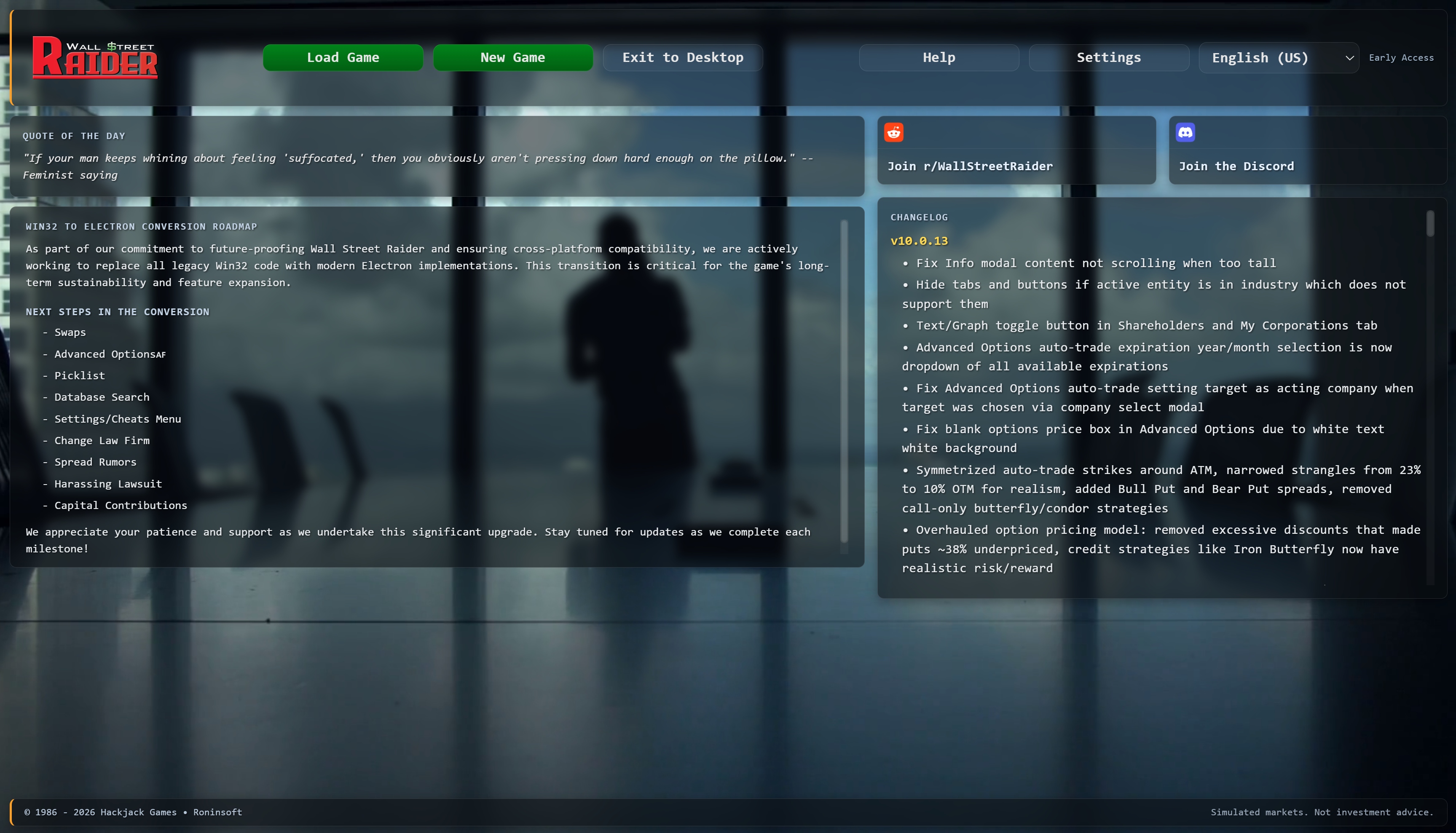 Main menu with game logo, changelog, community links, and quote of the day