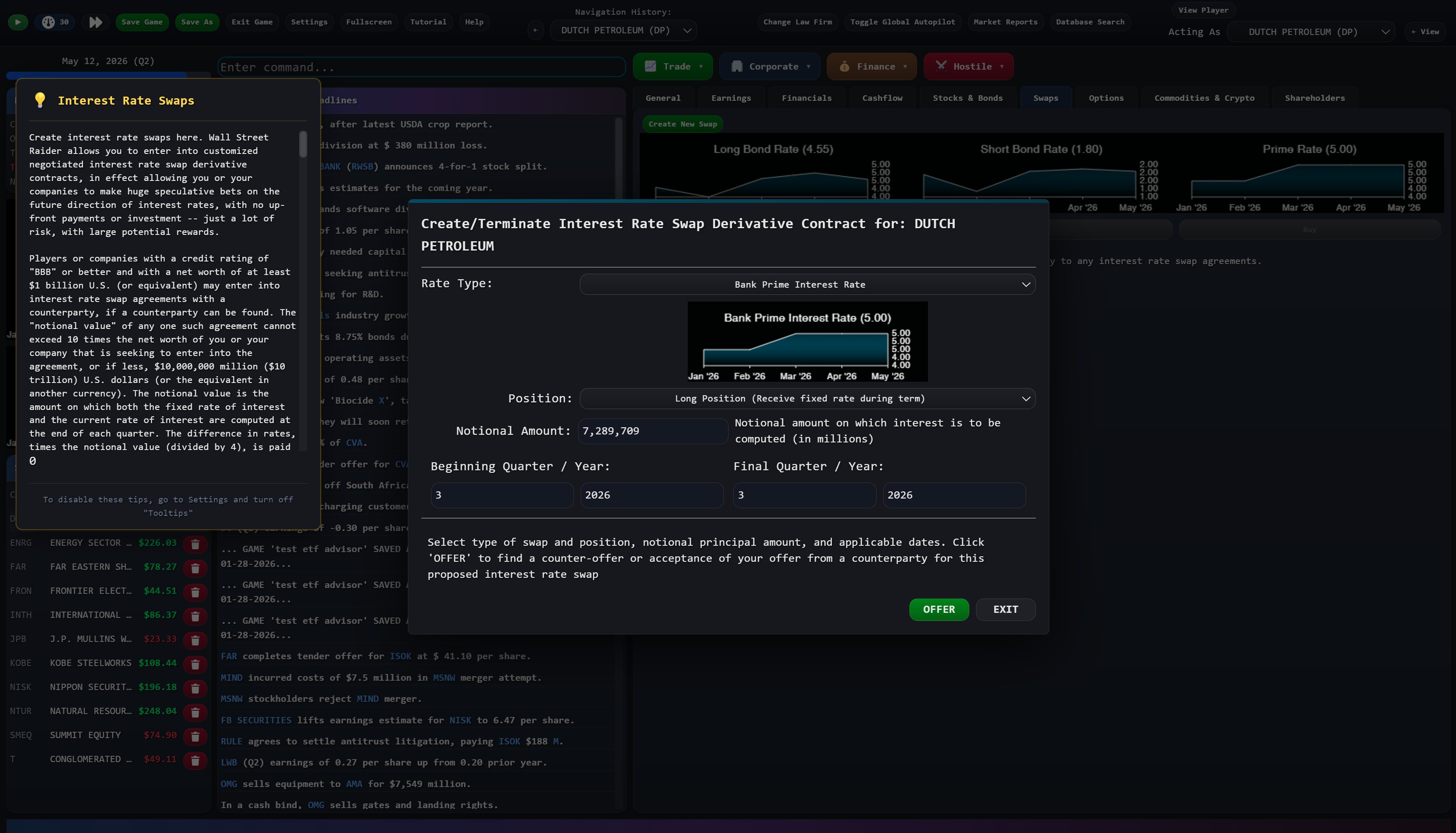 Interest rate swaps trading interface for creating derivative contracts