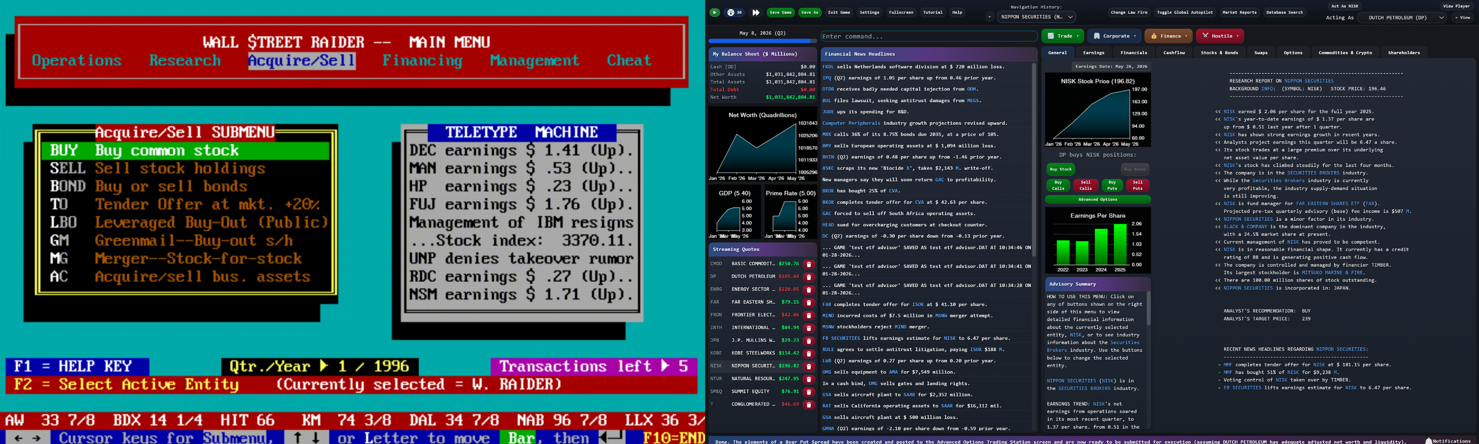 Wall Street Raider: DOS original vs modern Electron remaster side by side